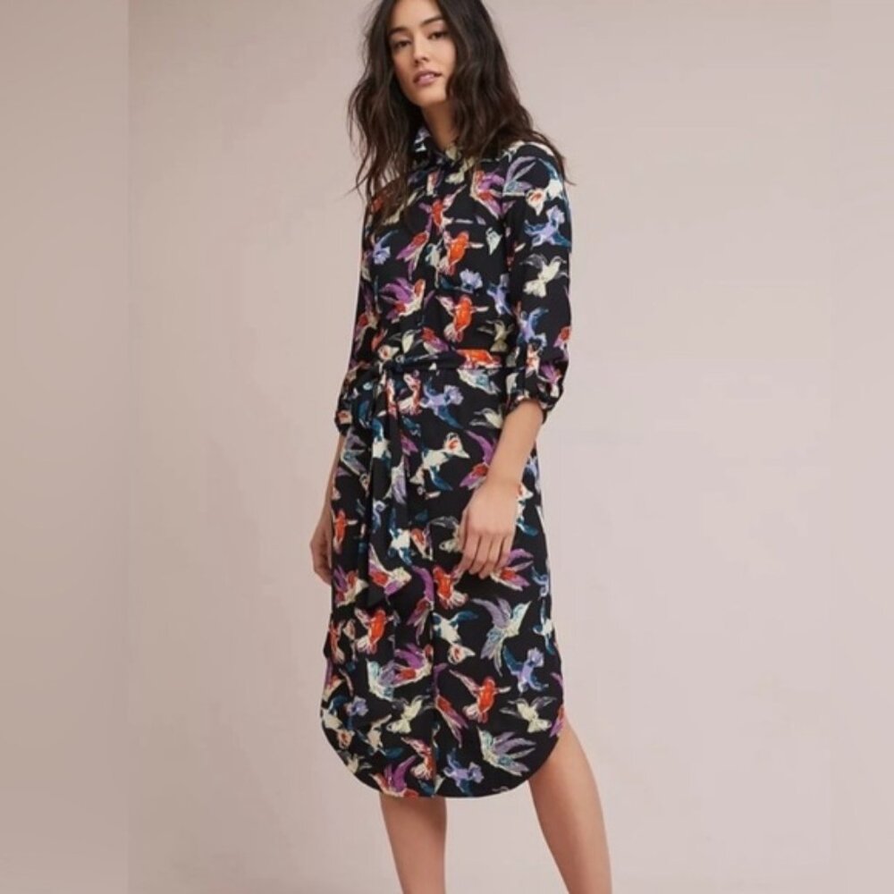 Maeve by Anthropologie Martina Bird Belted Shirt Dress Size 8